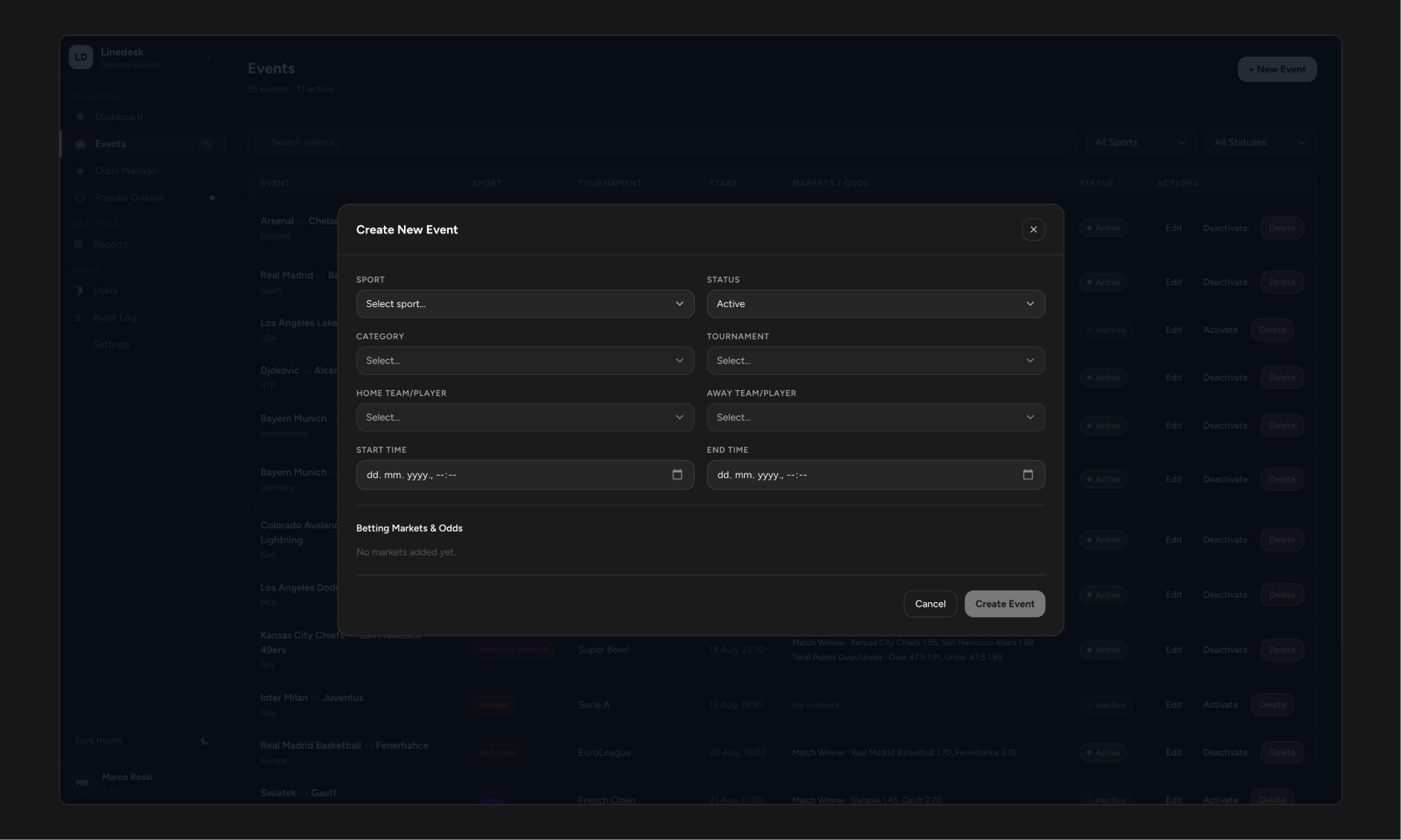 Create Event: every field locked except Sport. Nothing downstream is selectable until its parent exists.
