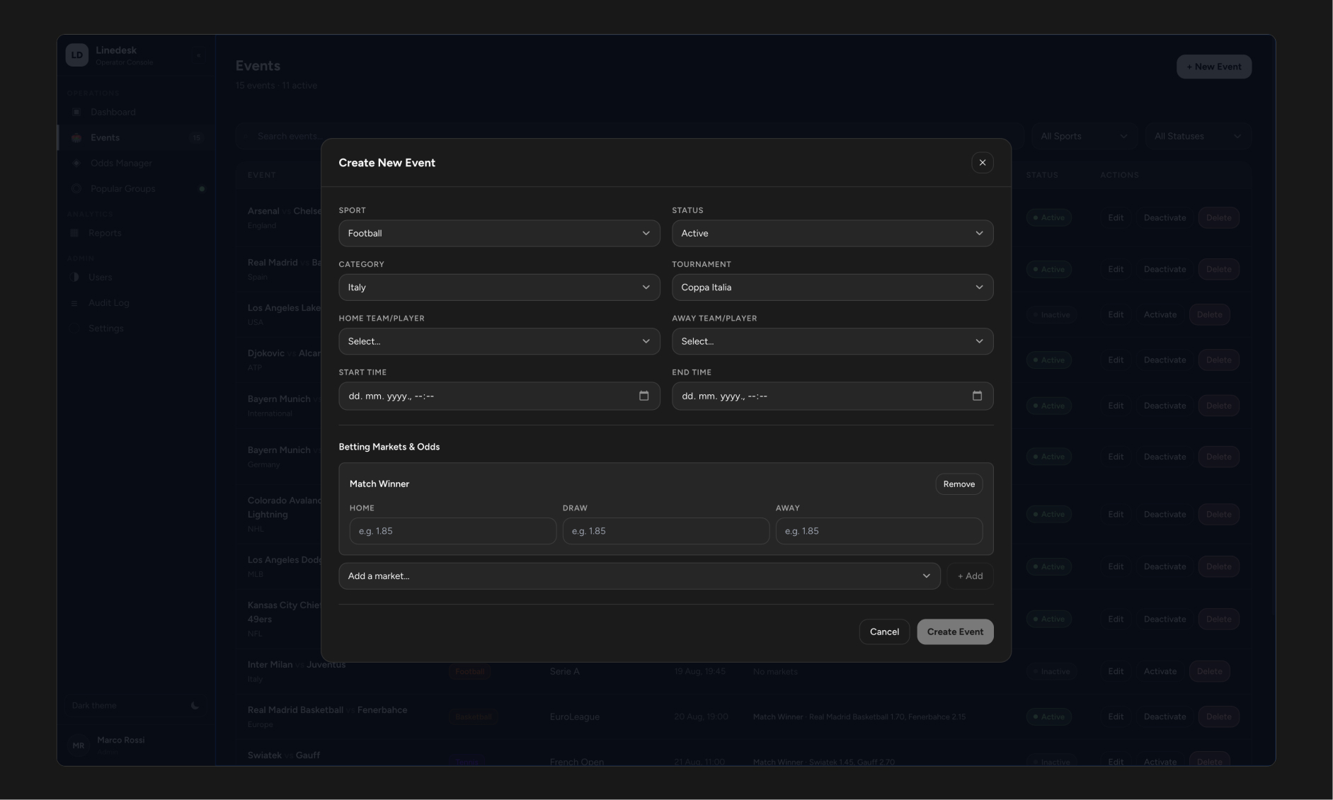 The same form after Sport → Category → Tournament → Teams have cascaded through - markets and odds only appear once the match itself is fully defined.