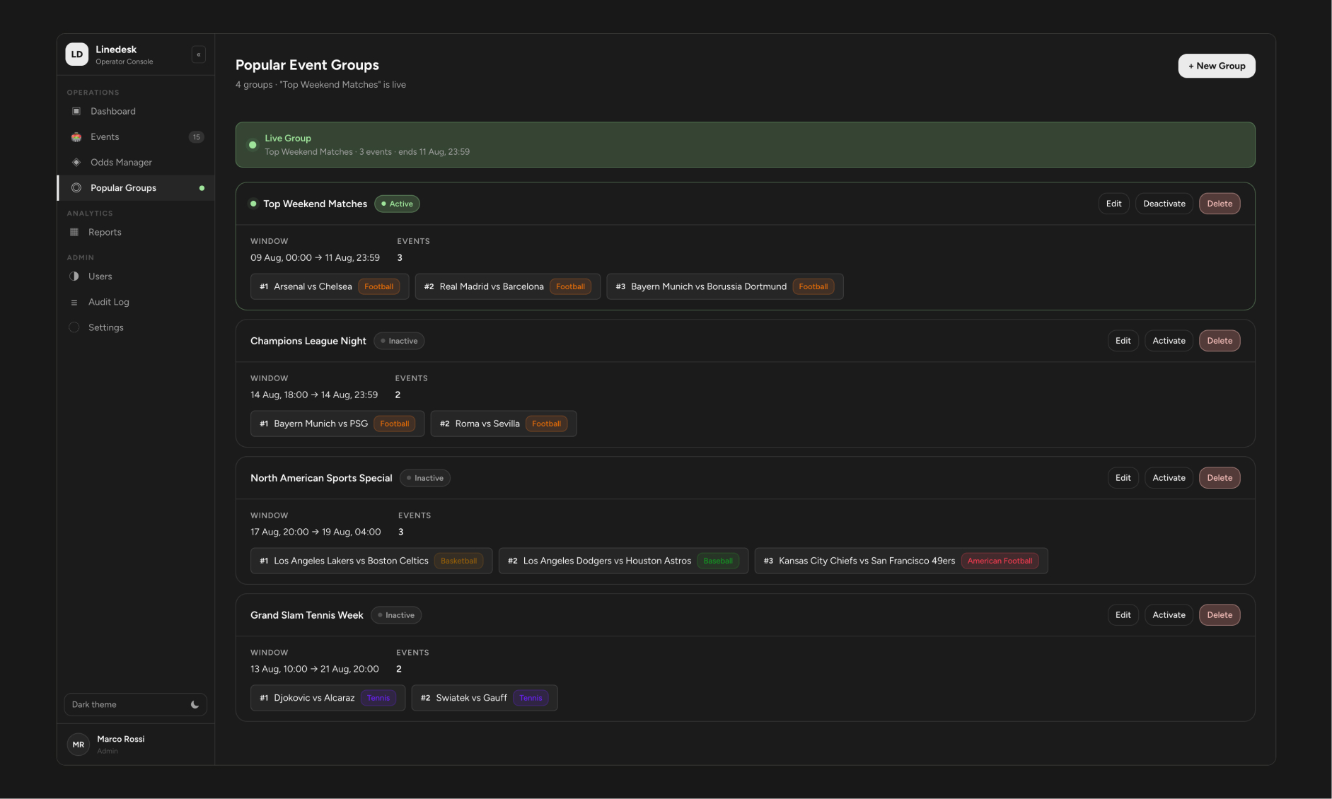 Popular Groups overview. A live pulse indicator marks whichever group is currently promoted to players - visible here, and ambiently visible from the sidebar and Dashboard too.