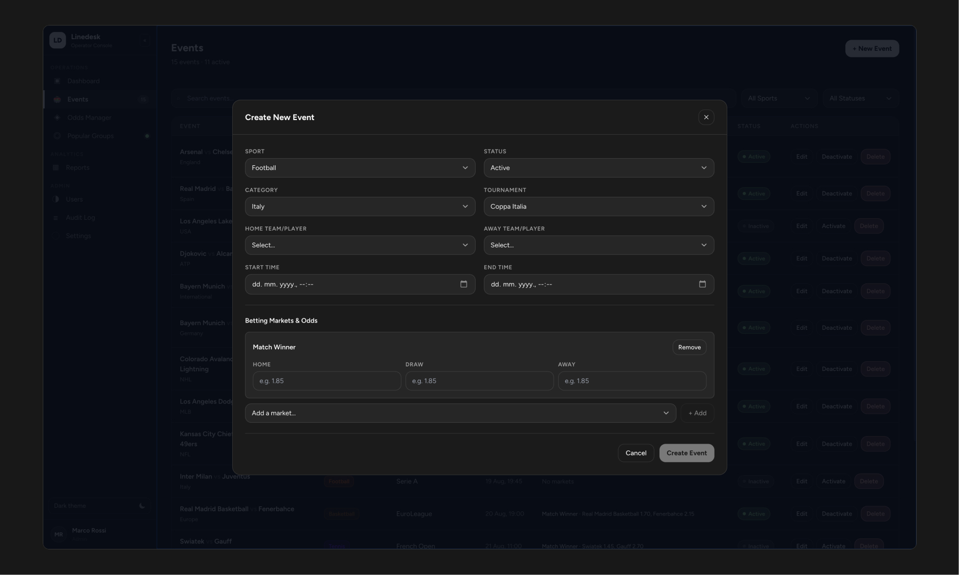 Creating a Group - operators pick from existing events, then set the display order operators want players to see.