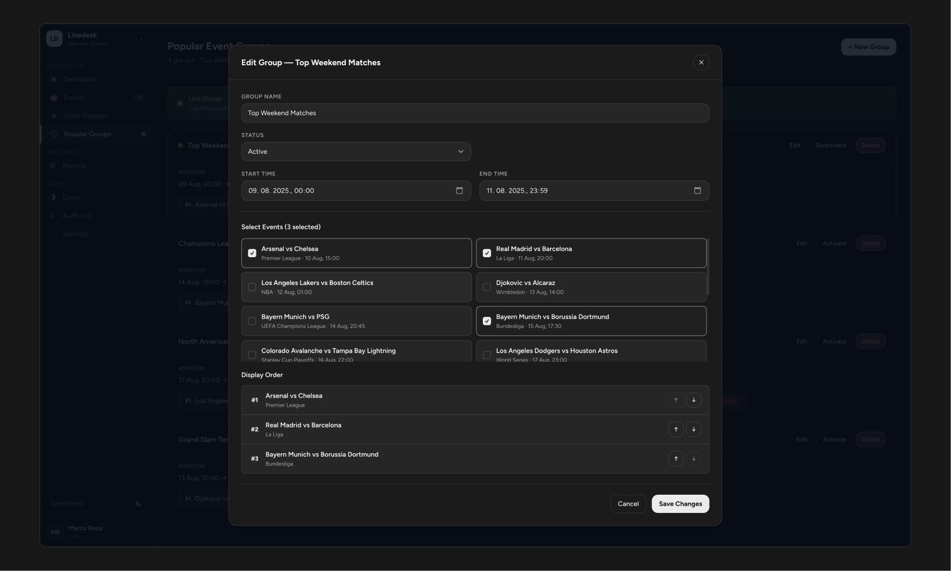 Editing a live Group. Status, event selection, and reordering all live in one view - no separate "reorder mode" to switch into.