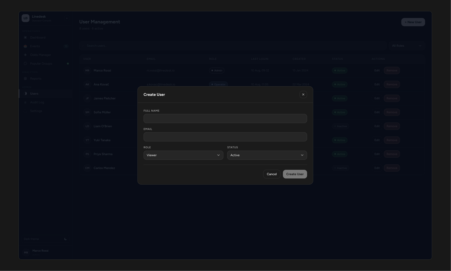 Create User - a deliberately short form. Role and status are the only decisions that matter here.
