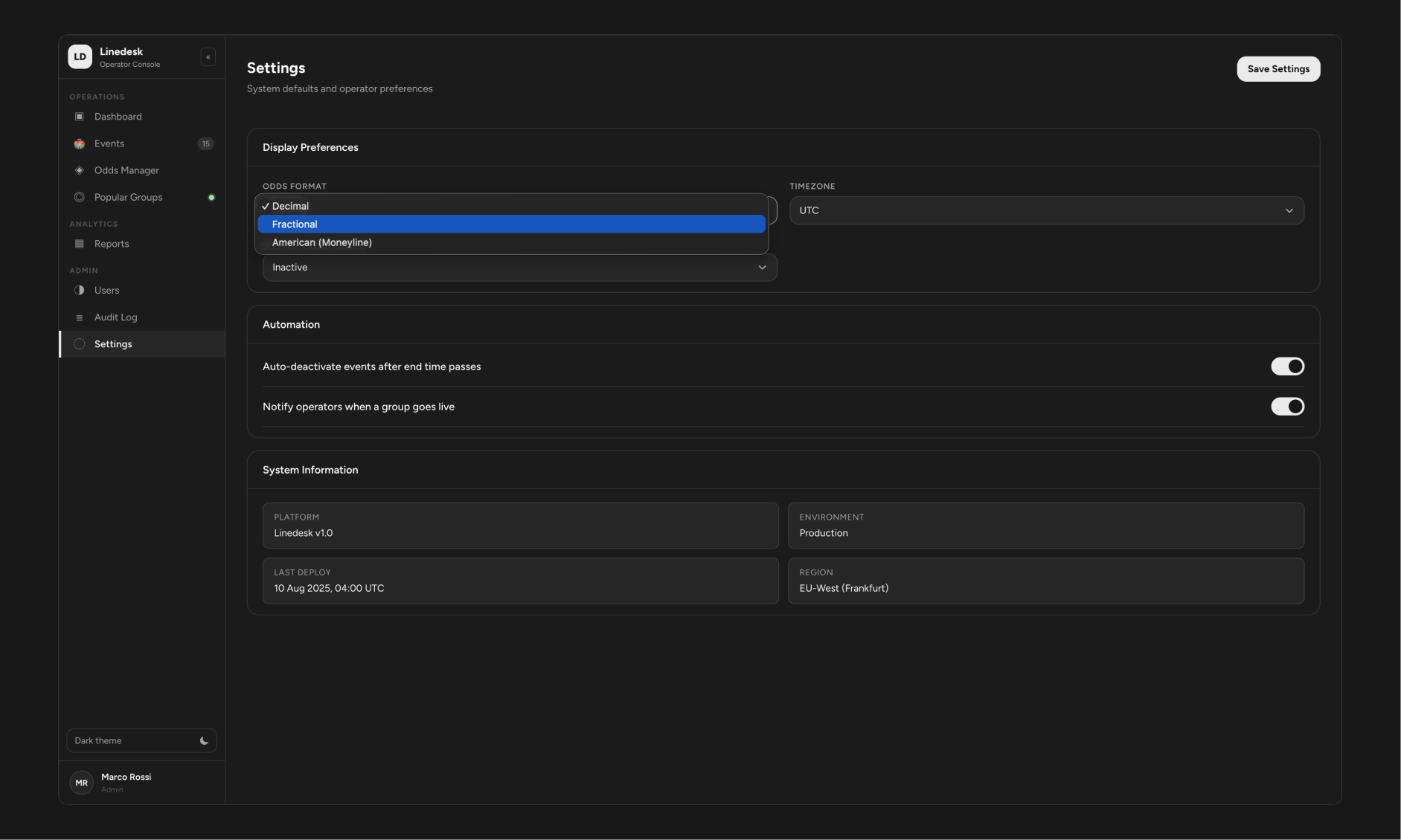 Settings - odds format, timezone, and automation preferences, plus the system-info panel operators would need for support tickets.