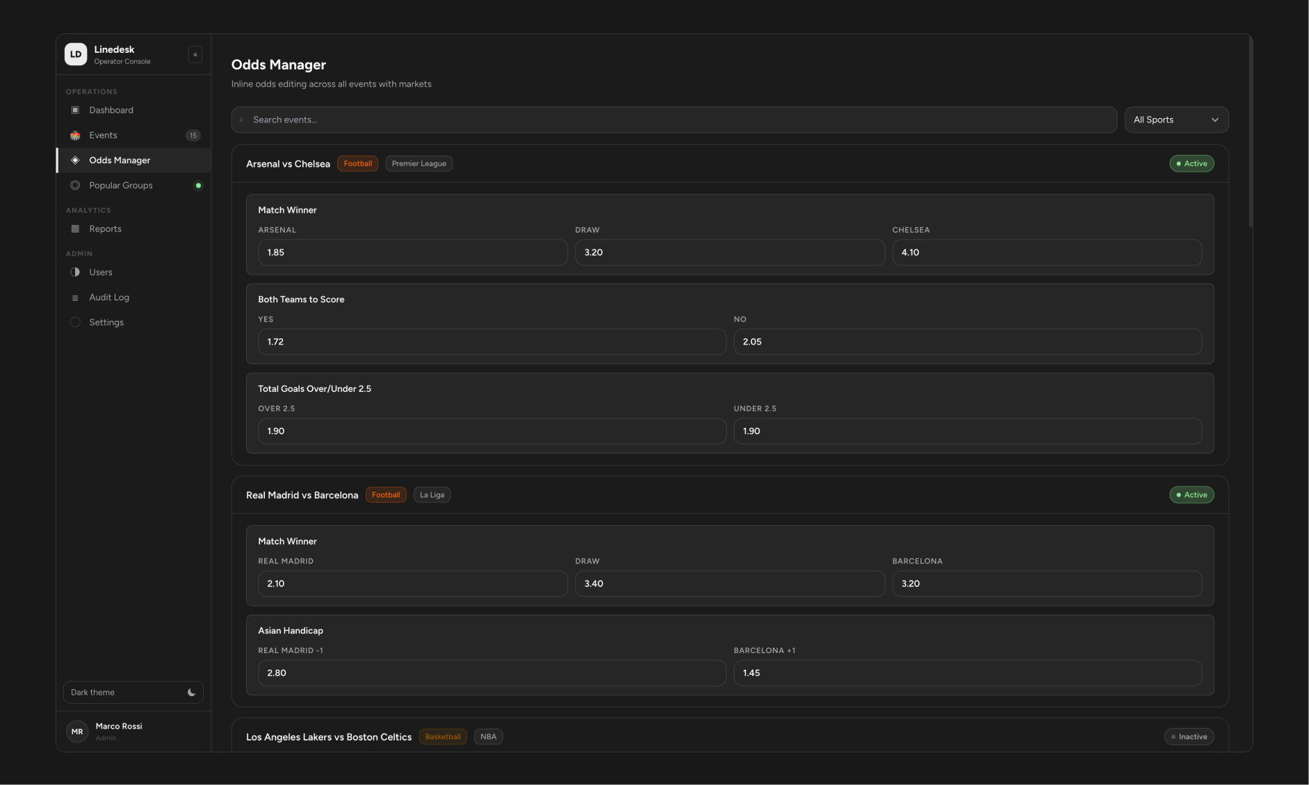 Odds Manager - a dedicated view for adjusting prices fast, separate from the full Event Editor. Dirty fields get an amber border and an explicit "Save Odds" action, so nothing saves by accident mid-edit.